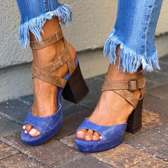 Denim/Tan Color Block Chunky Heel Platform Sandal - Picture 9 of 13